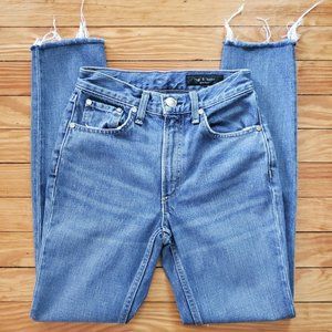 rag and bone High Waist Distressed Jeans With A Destroyed Knee And Raw Hem Sz 23